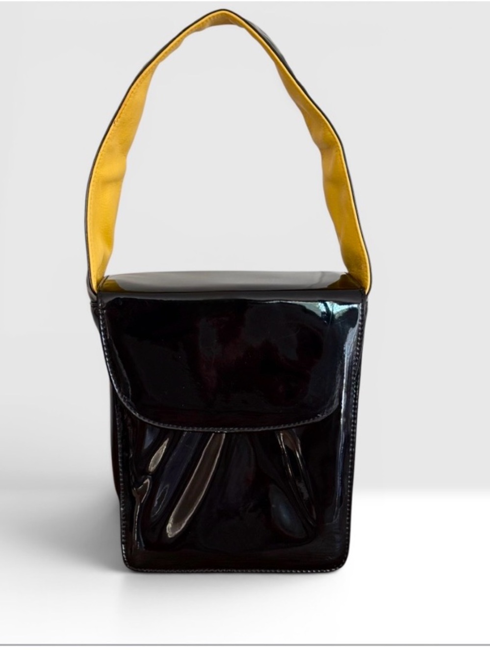 Vintage Carlos Falchi Black Patent Leather Mini Bag Yellow Lined 80’s 90s